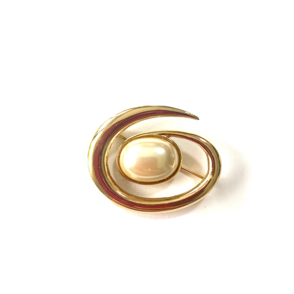 Monet Vintage Gold Tone Swirl Brooch Faux Pearl Cabochon Abstract Pin